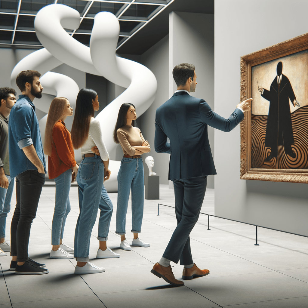 un uomo davanti ad un'oepra d'arte che la racconta ad altri dentro un museo minimale